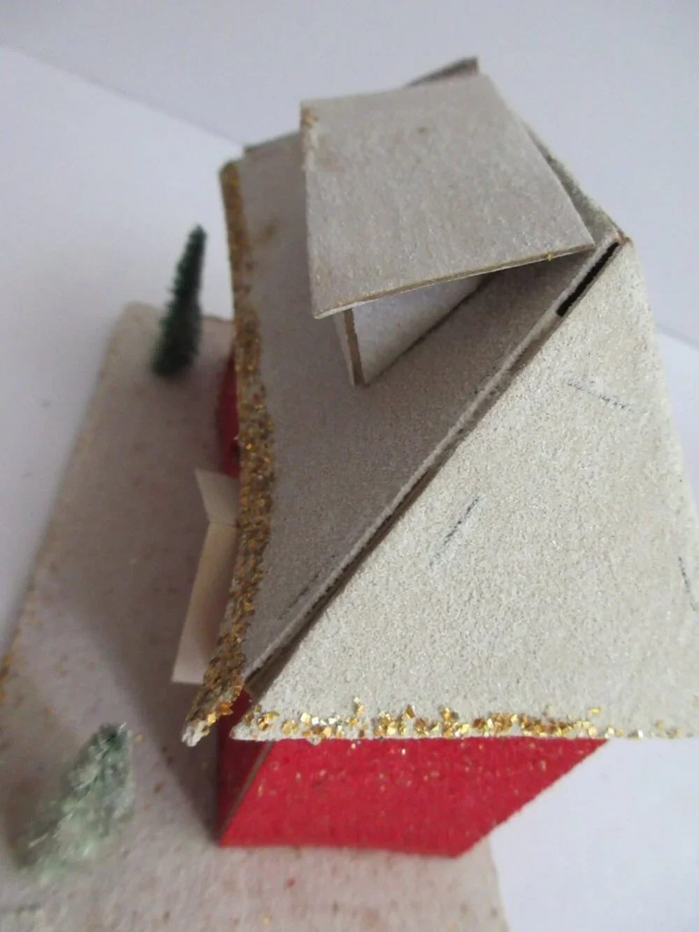 3 Putz Japan Cardboard Christmas Village Red Houses Church, Bottle Brush Trees